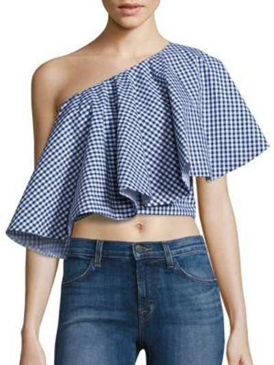 Viva Aviva Yakura Flouncy Gingham One Shoulder Cropped Top In Blue White