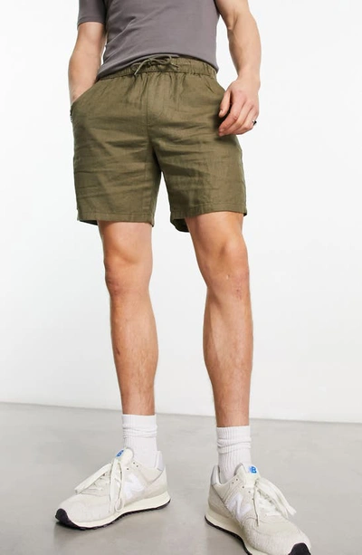 Asos Design Slim Linen Mix Shorts In Olive-brown