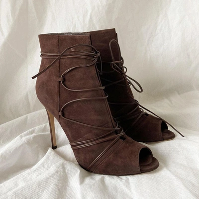 Pre-owned Gianvito Rossi Peep Toe Lace Up Suede Booties, 41 In Used / 41 / Brown