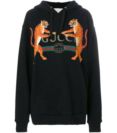 Gucci Logo And Tigers Print Hoodie In Black