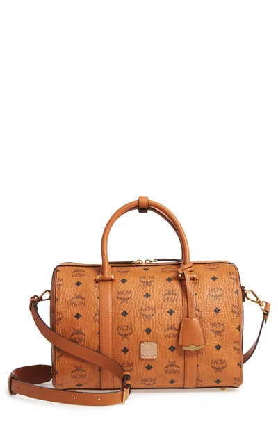 Mcm Signature Visetos Original Boston Satchel Bag In Cognac