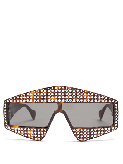 Gucci 99mm Embellished Shield Sunglasses - Dark Havana/ Crystal