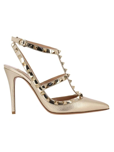 Valentino Garavani Pumps Valentino Rockstud Pumps With Ankle Atrap In Genuine Laminated Leather With Micro Metal Studs In Gold