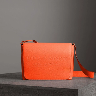 Burberry Large Embossed Leather Messenger Bag In Neon Orange