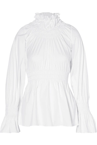 Beaufille Galileo Smocked Long-sleeve Cotton Shirting Blouse In White