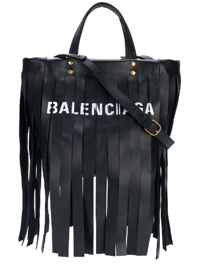 Balenciaga Extra Small Laundry Logo Fringe Calfskin Tote - Black