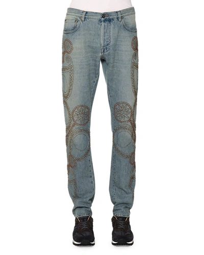 Valentino Embroidered Five-pocket Denim Jeans, Light Blue