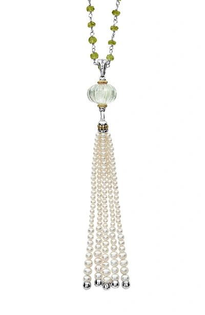 Lagos 18k Caviar Forever Beaded Pearl Tassel Necklace, 36" In Silver/ Green Amethyst