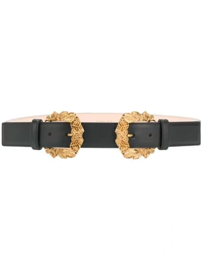 Versace Tribute Baroque Double-buckle Leather Belt In Black