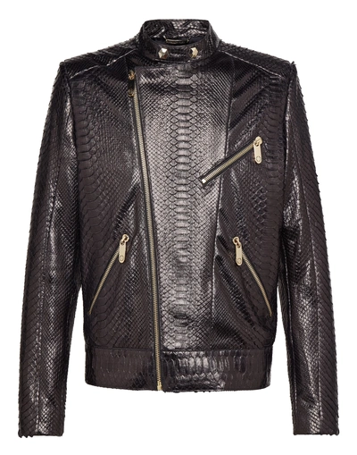 Philipp Plein Leather Moto Jacket "python Car" In Dark Brown