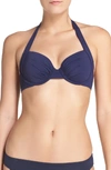 Tommy Bahama Pearl Solid Underwire Full Coverage Molded Cup Halter Bikini Top In Mare Navy