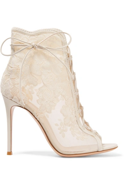 Gianvito Rossi Giada 100 Lace-up Mesh, Leather And Lace Ankle Boots In White