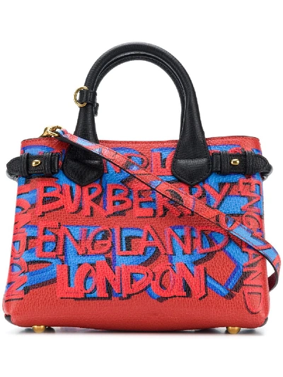 Burberry Small Banner Graffiti Leather Tote - Black In Red