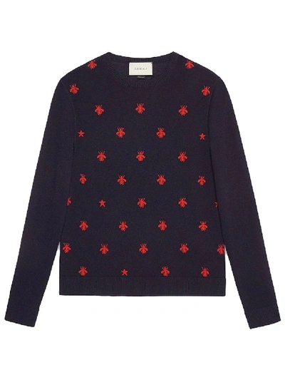 Gucci Long-sleeved Bee-intarsia Wool Sweater In Blu Rosso