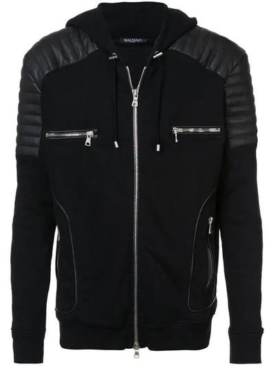 Balmain Leather Patch Hoodie In Black