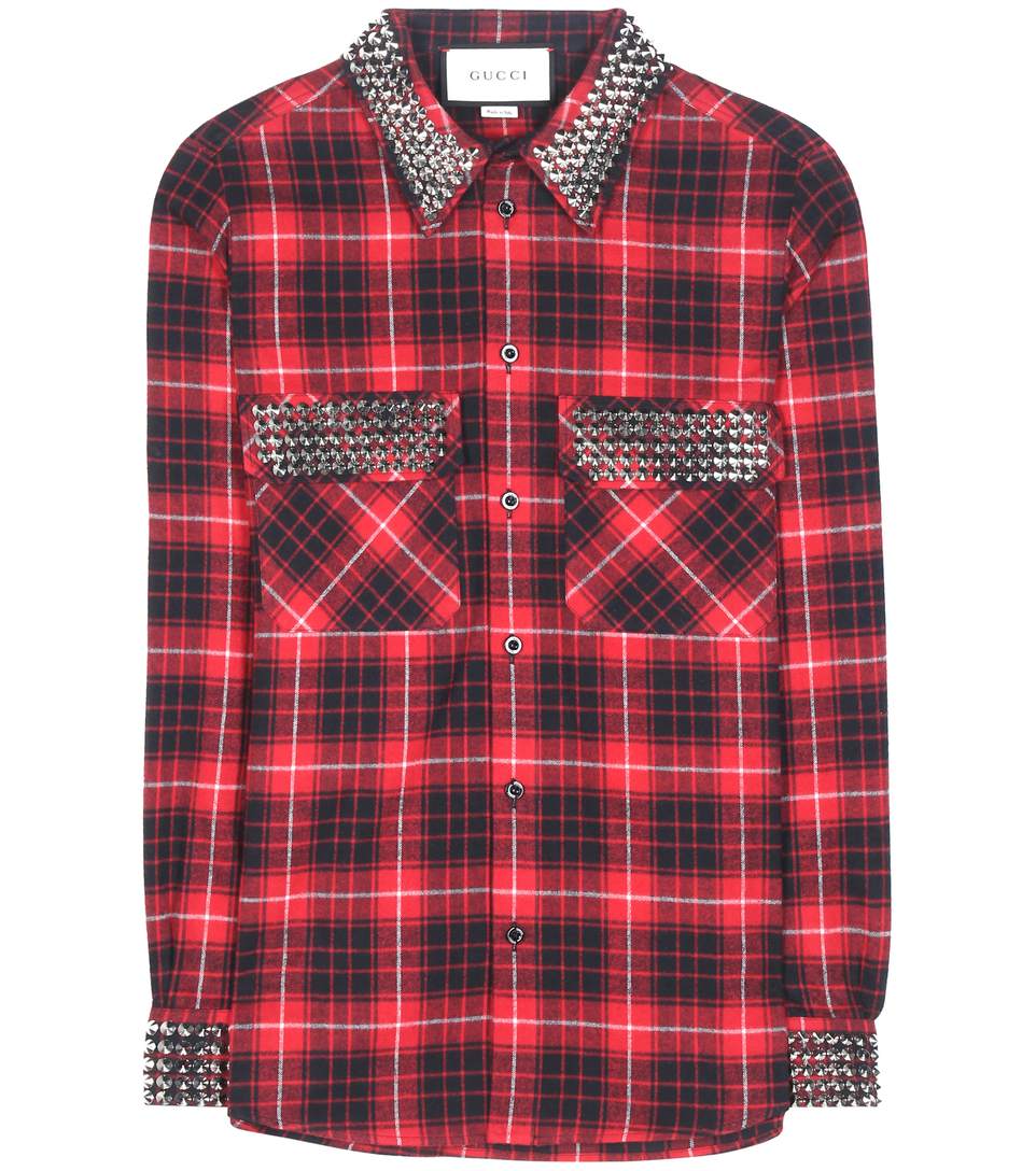 Gucci Embellished Plaid Cotton-flannel Shirt In Red | ModeSens