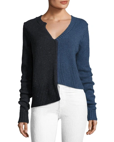 Adam Lippes Offset-knit V-neck Sweater In Blue Pattern