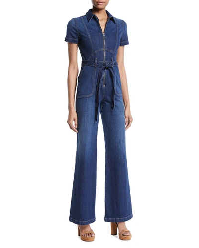 Ao.la Gorgeous Wide-leg Fitted Denim Jumpsuit In Blue