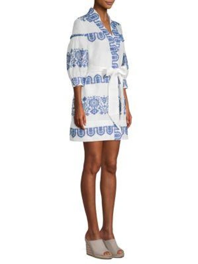 Milly Mykonos Embroidered Tie Waist Linen Dress In Blue