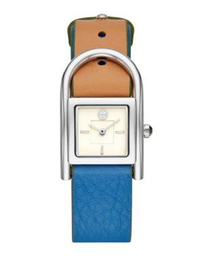 Tory Burch Thayer Stainless Steel Leather-strap Watch In Silver