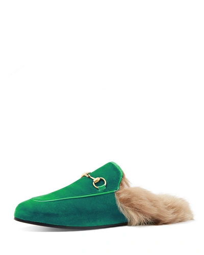 Gucci 10mm Princetown Velvet Mule With Fur In Green