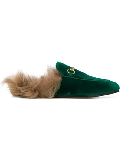 Gucci Women's Princetown Velvet And Lamb Fur Mules In 3182 Green