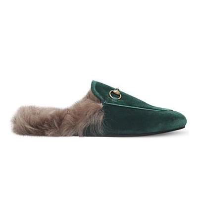 Gucci Princetown Velvet Slippers In Mid Green