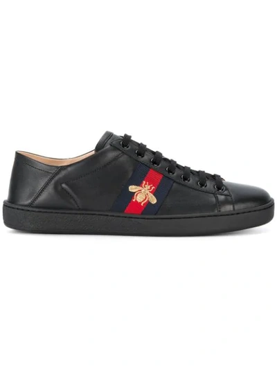 Gucci Ace Watersnake-trimmed Embroidered Leather Sneakers In Black
