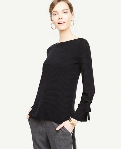 Ann Taylor Extrafine Merino Wool Tie Sleeve Sweater In Black