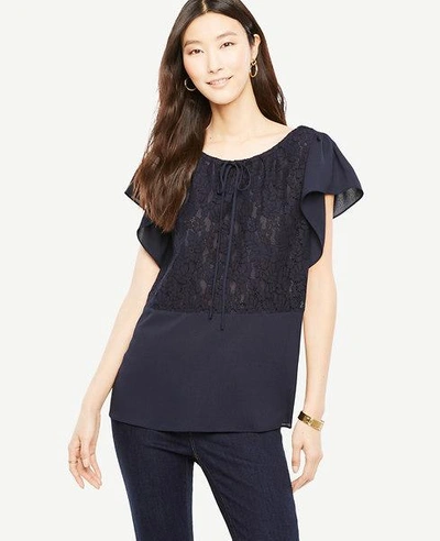 Ann Taylor Petite Lace Flutter Blouse In Night Sky