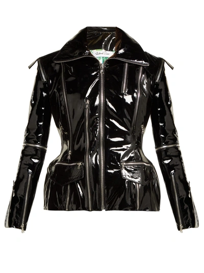 Richard Quinn Zip-front Patent Leather Jacket W/ Floral-print Lining In Black
