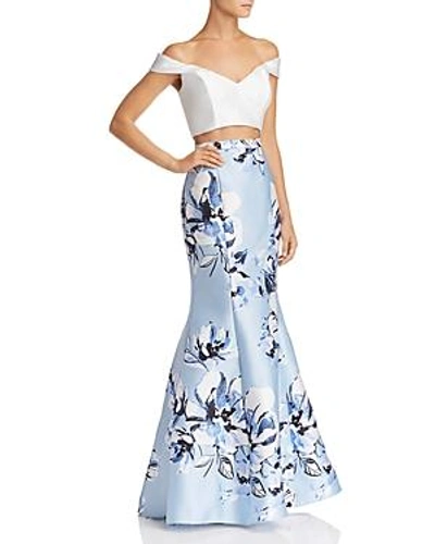Avery G Two-piece Off-the-shoulder Dress In Ivory/blue
