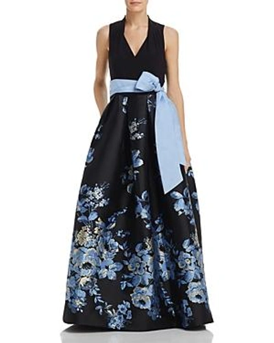 Eliza J Belted Floral Ball Gown In Black/blue