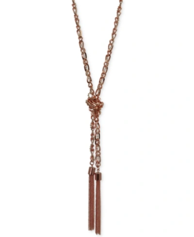 Guess Two-tone Long Knotted Tassel Lariat Necklace In Rose Gold