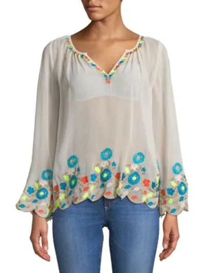 Plenty By Tracy Reese Border Embroidered Peasant Top In Optic White