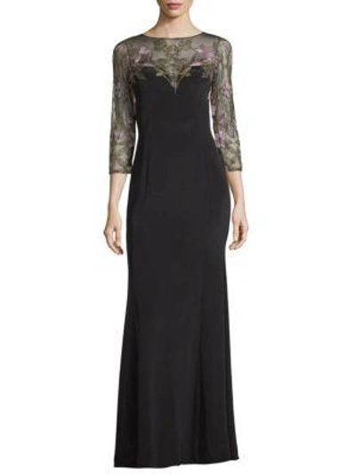 Marchesa Notte Floral Embroidered Evening Gown In Black