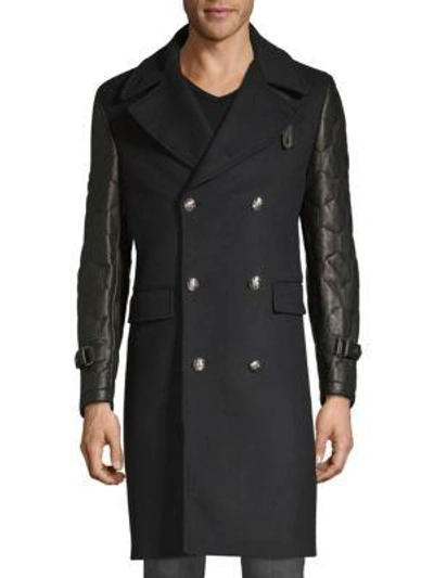 Kent & Curwen Officer Leather-sleeve Coat In Black