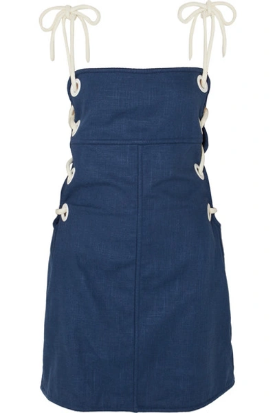 Staud Raft Lace-up Linen-blend Mini Dress In Blue