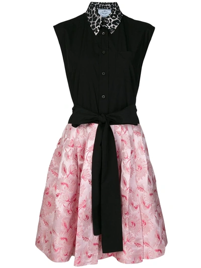 Prada Cotton-poplin And Metallic Brocade Mini Dress In Black Pink