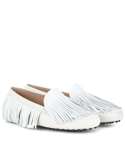 Tod's Gommino Fringed Leather Loafers In White