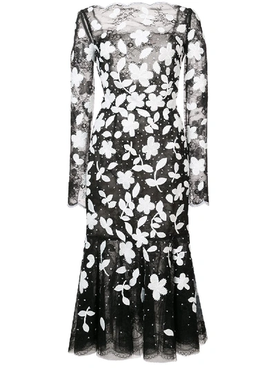 Oscar De La Renta Long-sleeve Floral-embroidered Sequined Tulle Lace Cocktail Dress In Black