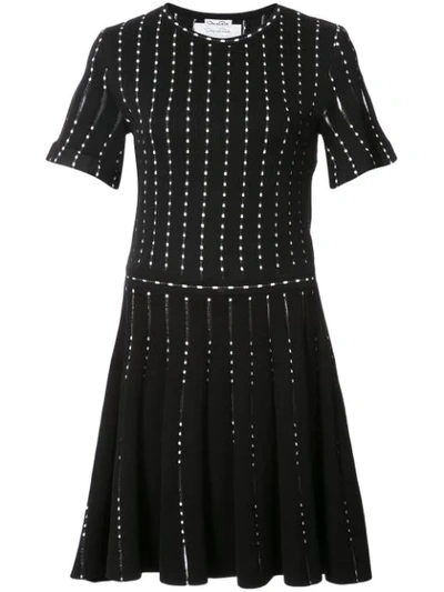 Oscar De La Renta Crewneck Short-sleeve Pearl-embroidered Knit Dress In Black