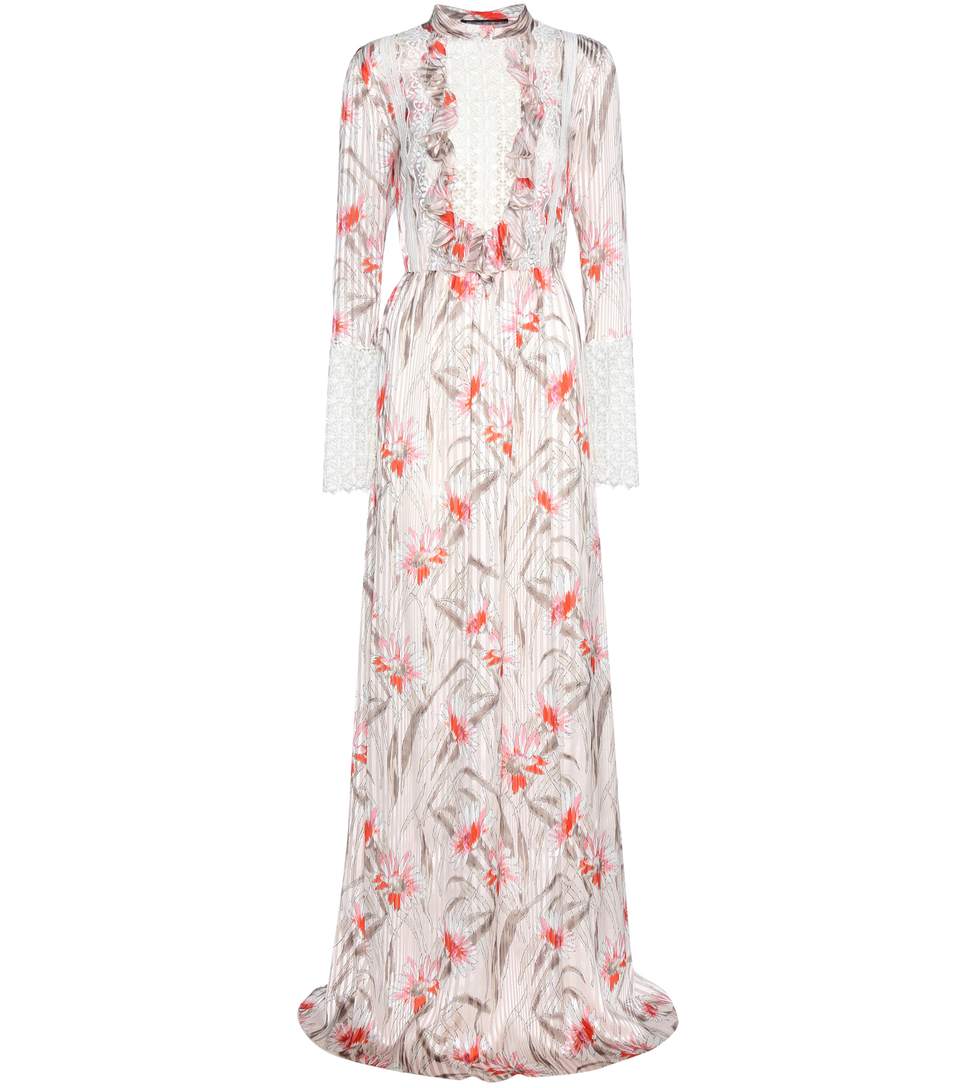 Giambattista Valli Ruffled Printed Silk Dress With Guipure Lace In ...