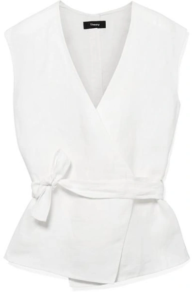 Theory Linen And Cotton-blend Wrap Top In White