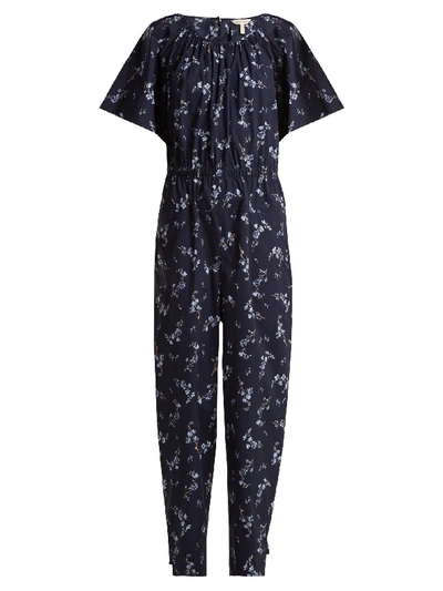 Rebecca Taylor Francine Short-sleeve Cape-back Floral-print Cotton Jumpsuit In Navy Multi