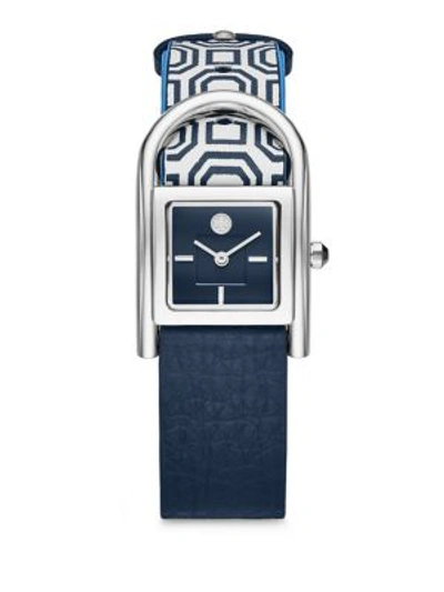Tory Burch Thayer Stainless Steel Leather Strap Watch In Silver