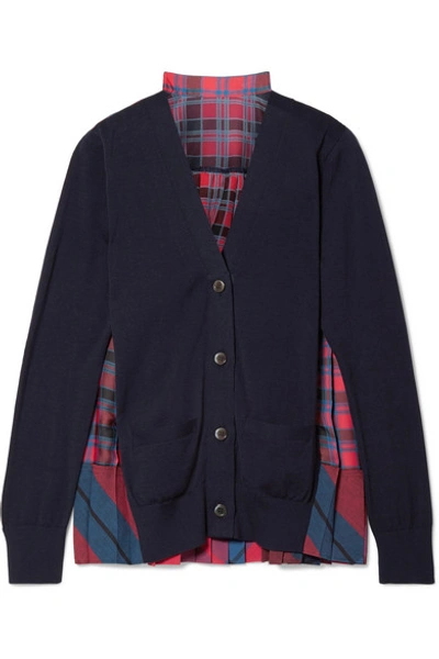 Sacai Cotton And Pleated Checked Satin Cardigan In Midnight Blue