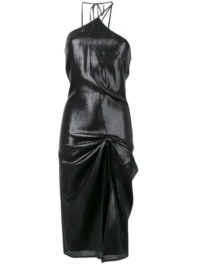 Helmut Lang Sleeveless Halter Gathered Metallic Cocktail Dress In Black