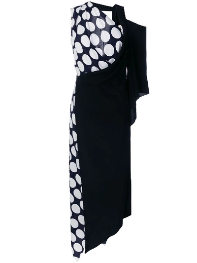 A.w.a.k.e. V-neck Draped One-sleeve Asymmetric Polka-dot Cocktail Dress In Black