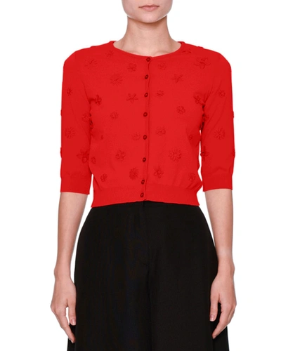 Valentino 3/4-sleeve Daisy Knit Cardigan In Red